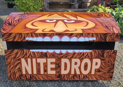 A sandboard nite drop box with an illustrated face and mouth.